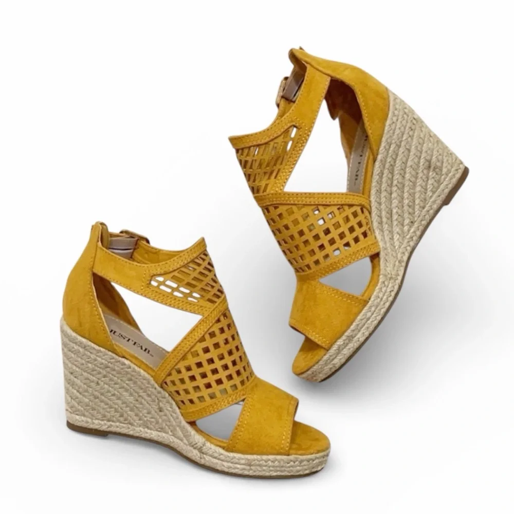 JustFab Mabel Yellow Espadrille Wedge Sandals Size 6.5 Platform Ankle Strap